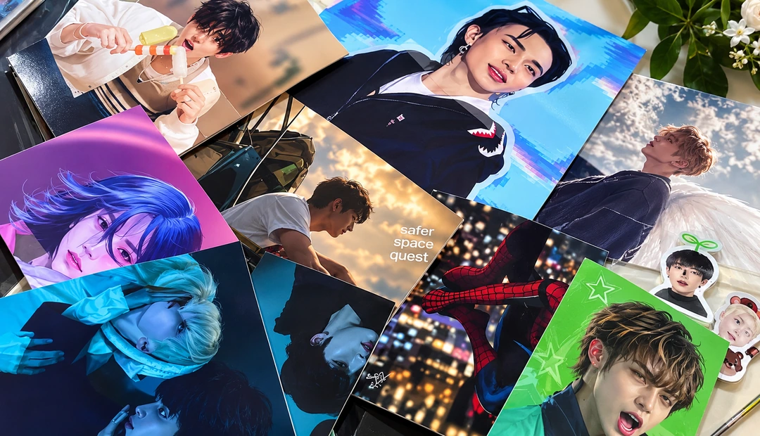 Collection of colorful fan art and character photo prints printed at Little Rock Printing.